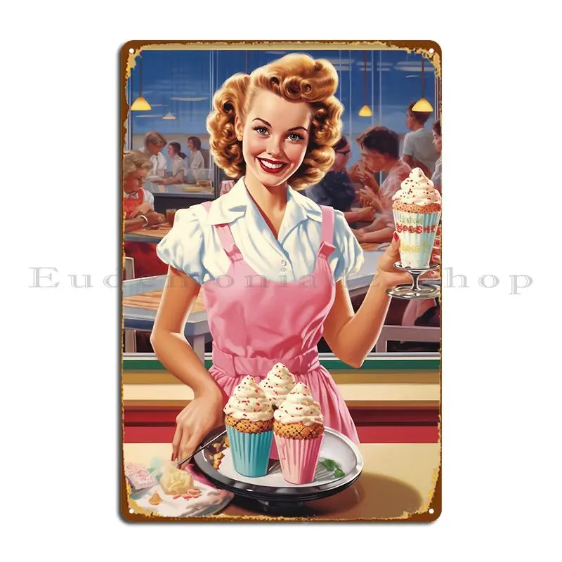 Retro Lady Waitress From 1950 Metal Sign Mural Printed Home Bar Living Room Tin Sign Poster