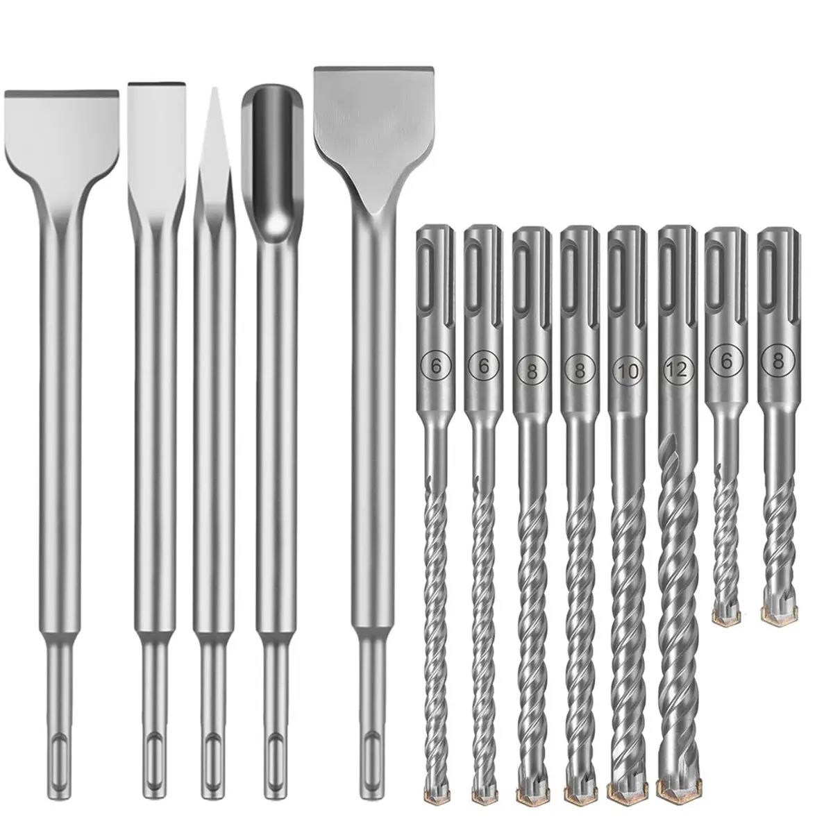 2026 NEW 13Pcs SDS Plus Rotary Hammer Drill Bits and Chisel Set, Carbide Tipped Rotary Hammer Drill Bits Concrete Drill Bit