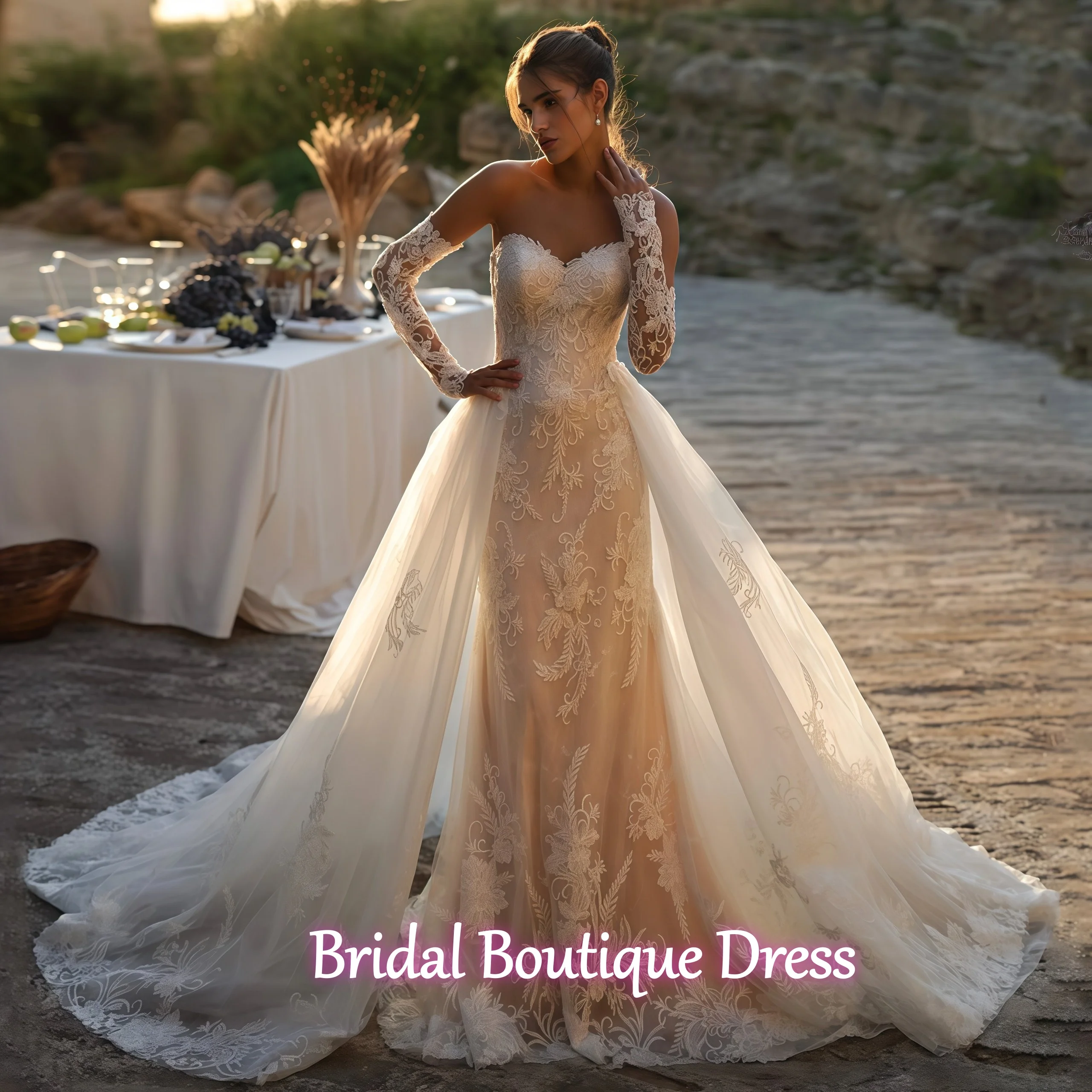Vestido De novia exquisito personalizado De encaje, Vestido De novia Sexy De sirena, escote en forma De corazón, mangas completas, apliques De tren De barrido, Vestido De novia