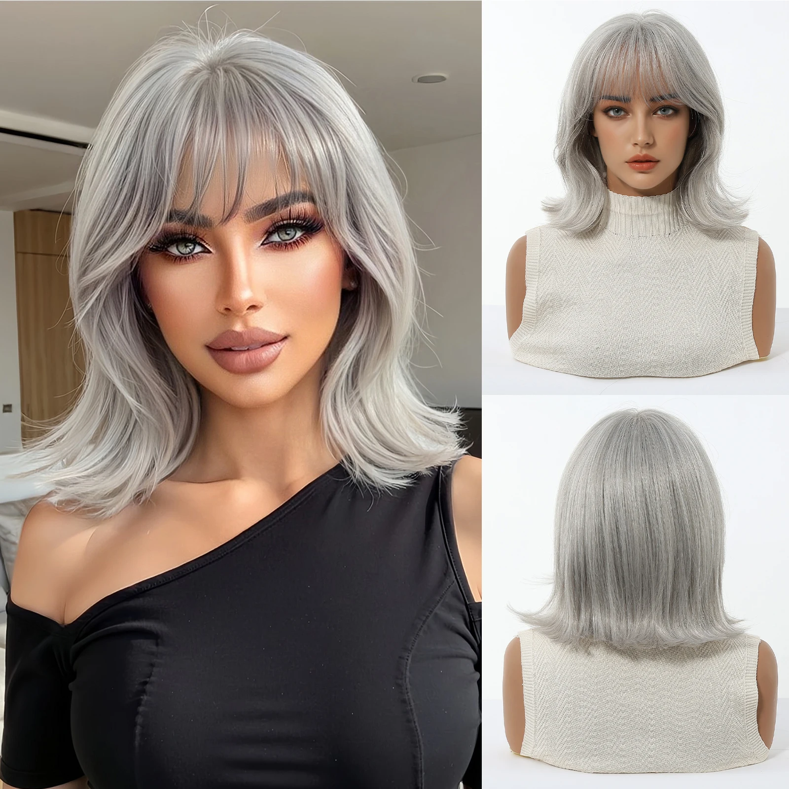 

EASIHAIR Short Silver Gray Synthetic Wigs for Women Straight Bob Natural Hair Wigs With Bangs Daily Use Cosplay Heat Resistant