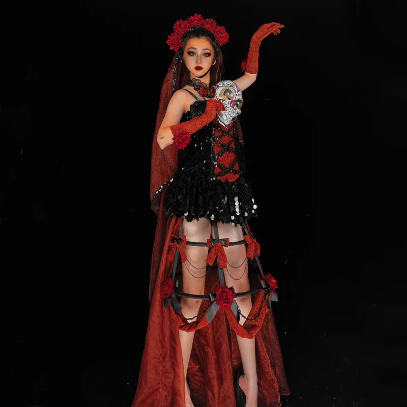 Kostiumy na Halloween do klubu nocnego, dla DJ-a, Gogo, seksowne stroje do tańca na rurze, odzież damska na imprezę, cosplay, występ na scenie, strój rave, XS7143