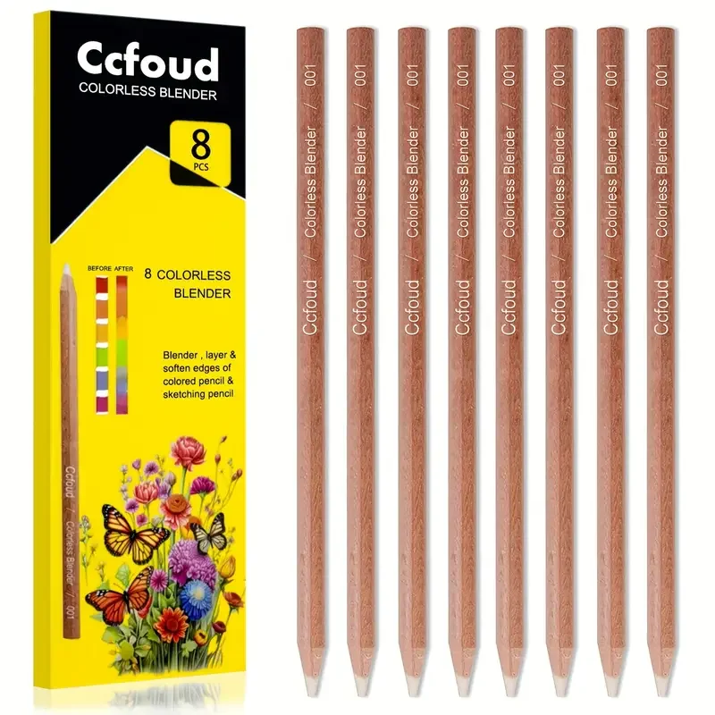 8-Piece Colorless Blending Pencil Set - Non-Toxic, Pre-Sharpened Wood Sticks for Smooth Edges & Softening Colors