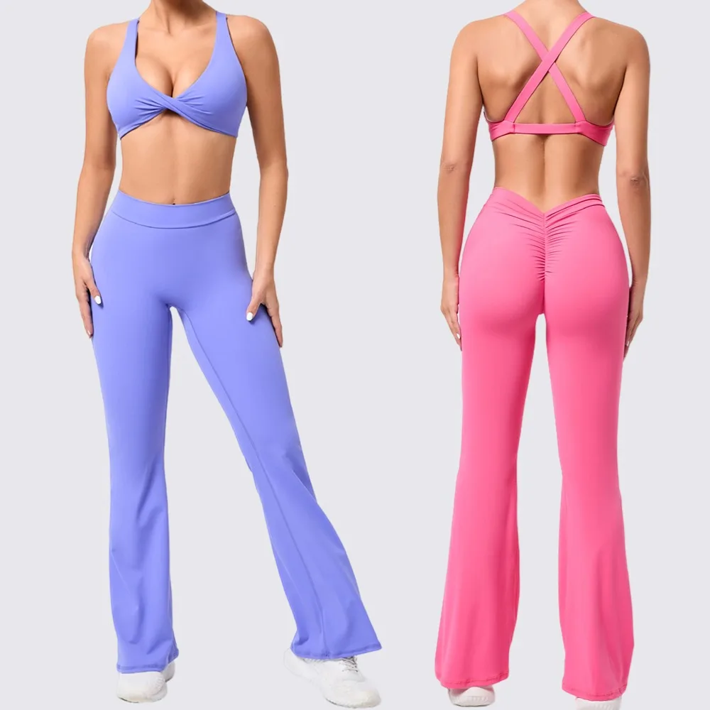 Women 2 Piece Set Outfits Spandex Gym Set Halter Sports Bra High Waist Wide Leg Yoga Pants Workout Clothes Flare Leggings Set