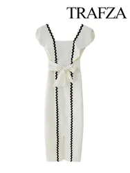 TRAFZA Summer Chic Women Dresses Spliced Square Collar Hem Slit Decorative Sleeveless Belt Dress Beach Back Zipper Dress Mujer