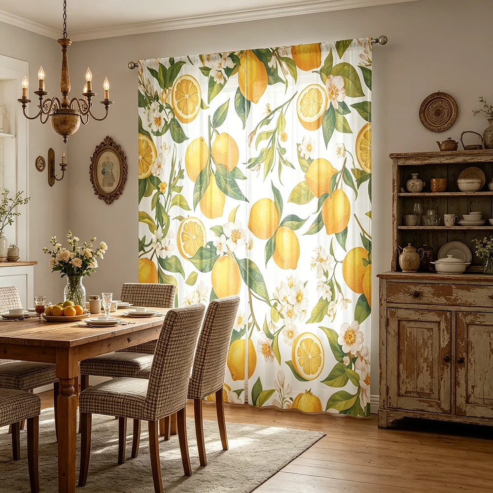 2PCS Digital Printed Curtains, Lemon Summer Flowers Citrus Floral Fresh, Window Curtains for Living Room Bedroom Home Decoration