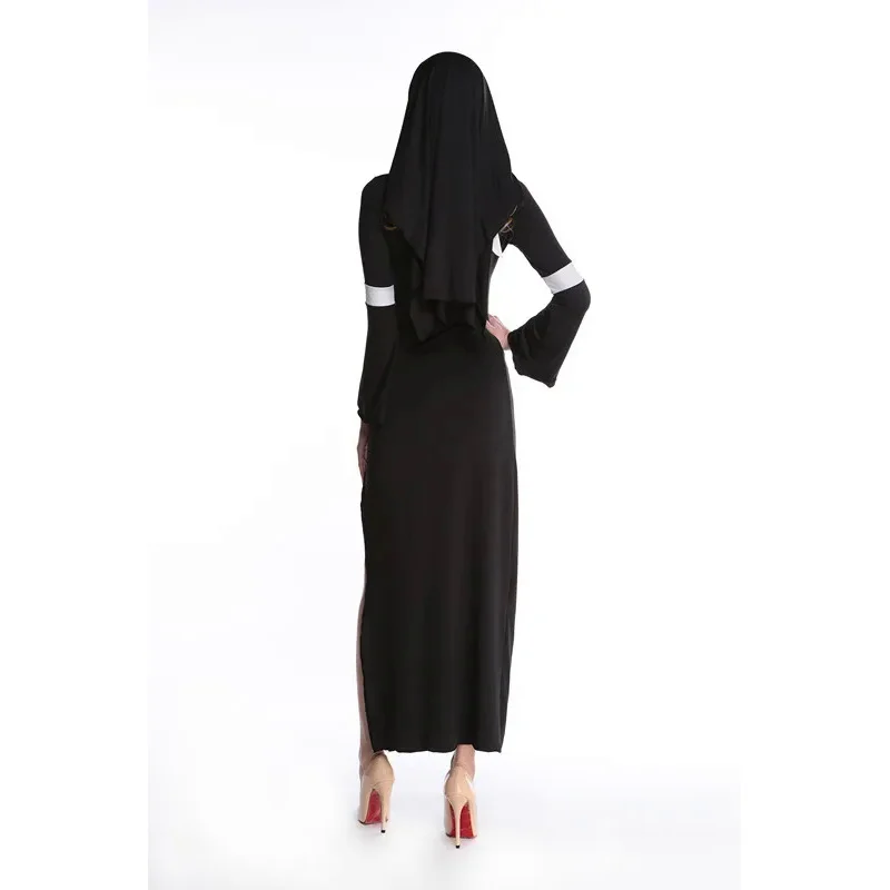 Costume de nonne d'Halloween sexy pour femmes adultes, robe d'Halloween noire pour femme, cosplay de fête, longue prêtresse