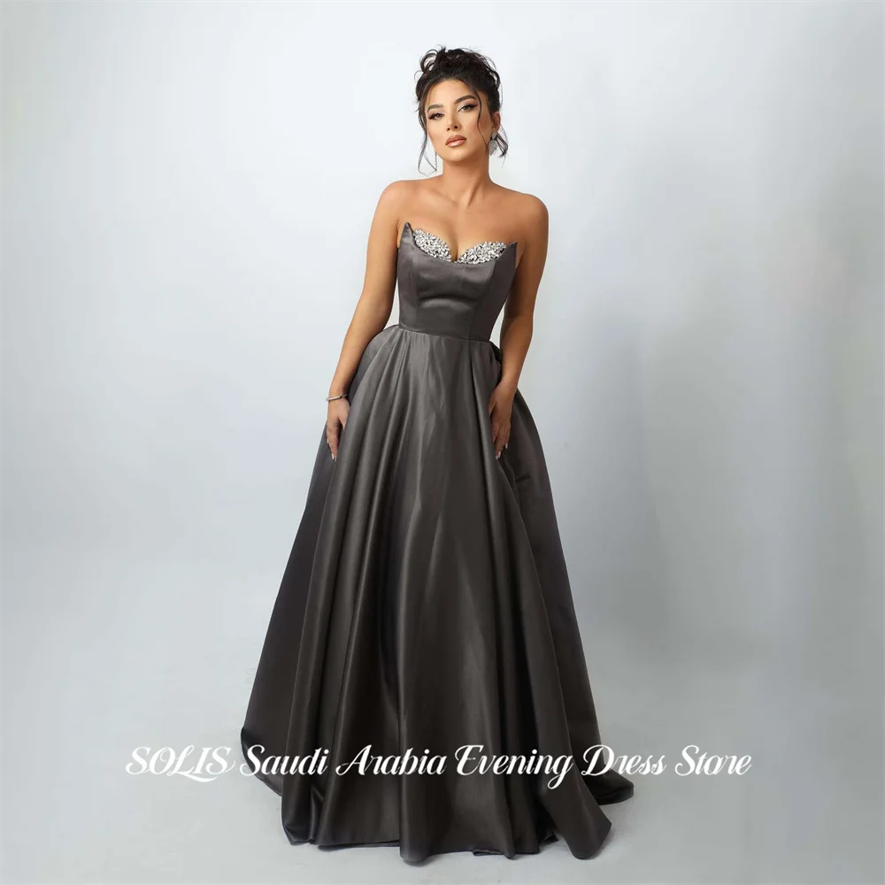 SOLIS Deep Grey 프롬 드레 Strapless Sleeveless Prom Gown A Line Satin Party Dress for Formal Event Beading On Chest Customized
