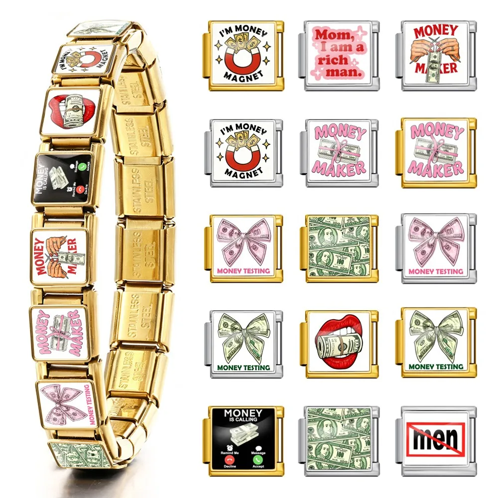 Nouveau Bracelet à Breloques Italien Thème Monnaie Tendance, en Acier Inoxydable 9mm, avec Breloques Dollar et Nœud, pour la Création de Bijoux DIY, Cadeau pour Femmes et Hommes, Port Quotidien