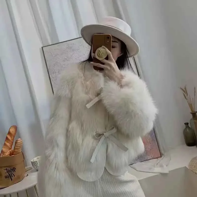 Autumn Faux Fur Crop Coat Women Y2K Fashion Streetwear O Neck Fluffy Short Fur Jacket Korean Elegant Lace Up Faux Fox Fur Parkas