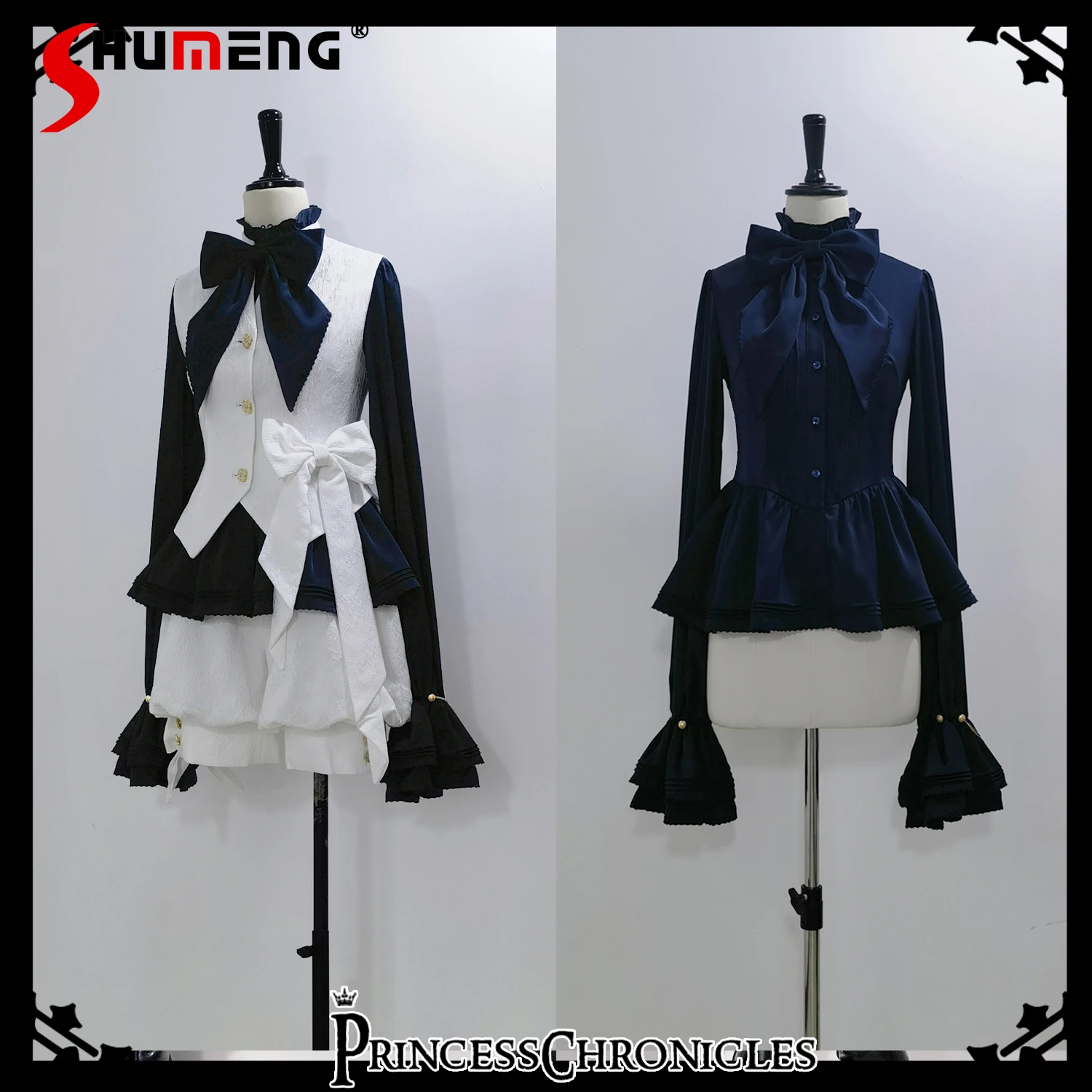 

Original Lolita Cos Blue Long Sleeve Shirt Women's French Elegant Court Style Retro Shirt Prince Sweet Cool Bow Lace-up Shirt