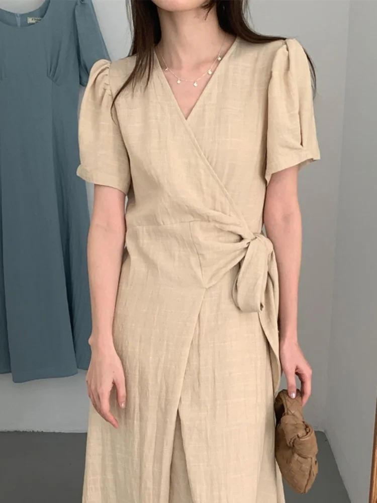 

Retro One-Piece Cotton Linen Dr Women's Summer New Sle Waist-Cinching Slimming ort Sve Long Dr