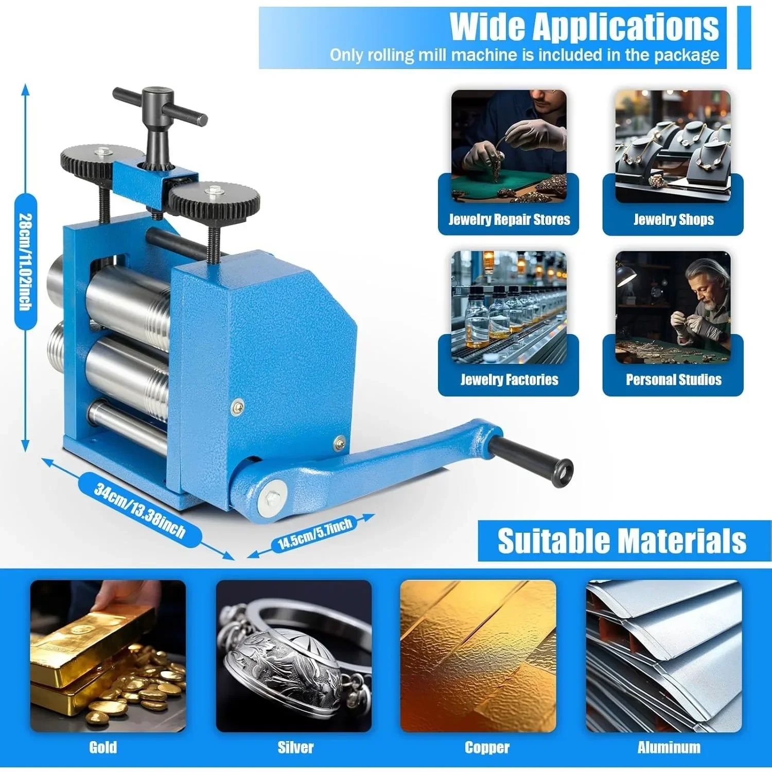 Tragbare 3-in-1-Schmuckwalzwerk, aus Stahl, für Gold, Silber und Kupfer, einstellbare Dicke, ideal für die Herstellung von DIY-Schmuck