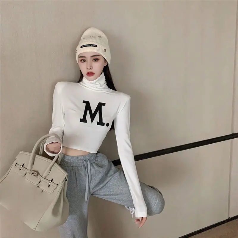 Koreańskie Slim Printing Letter Tops Tees Spring New Long Sleeve Simplicity Solid Color Trend T Shirts Fashion Y2K Odzież damska