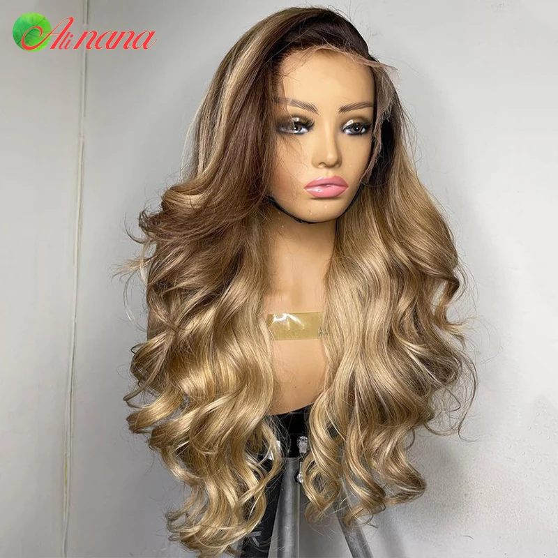 

Ombre Blonde Brown Roots Colored Human Hair Wig 13X6 Lace Frontal Wigs Transparent Body Wave Wig Pre-Plucked For Black Women