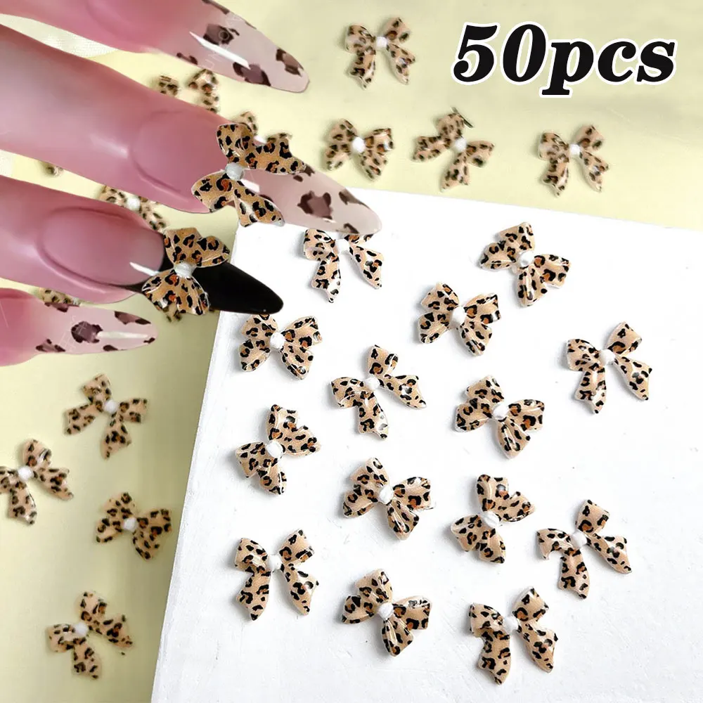 50pcs Leopard Print Bow Nail Art Decorations 10mm 3D Resin Leopard Ribbon Nail Charms Leopard Designs Acrylic Nail Art Supplies