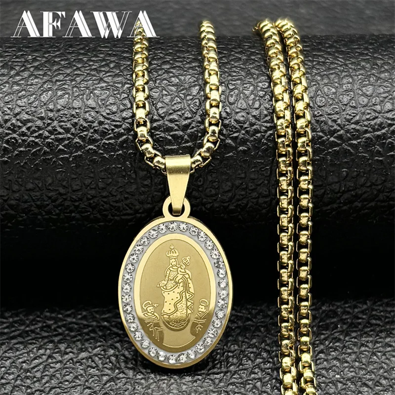 Virgin Mary and Baby Medal Necklace for Women Men Stainless Steel Gold Color Rhinestone Our Lady Of Aparecida Chain Jewelry