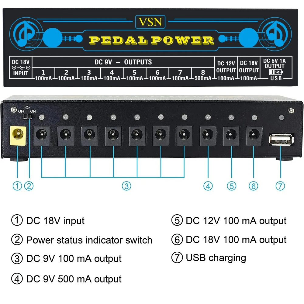 VSN Guitar Pedal Power Supply 10 Isolated DC Output 9V 12V 18V 100mA 500mA Effector Pedal Source Power USB Ports Charging Phone