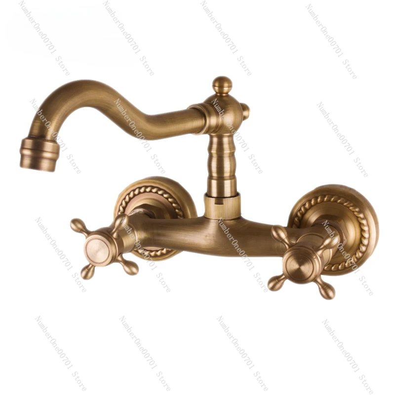 

European-Style Copper Wall-Mounted Washbasin Two Handlers and Two Holes Rotatable Wall-Mounted Retro Hot and Cold Faucet