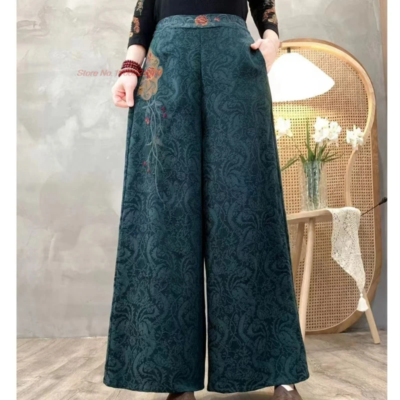 2025 chinese vintage pants retro cotton linen jacquard folk trousers national flower embroidery elastic waist wide leg trousers