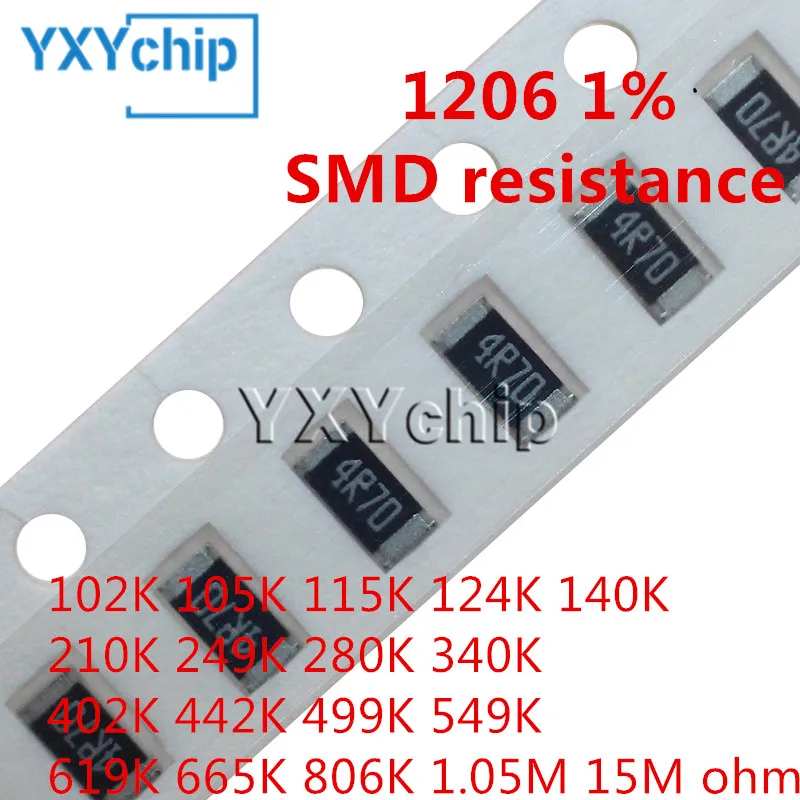 1206 1% resistor smd, 1/4w, 102k 105k 115k 124k 140k 210k 249k 280k 340k 402k 442k 499k 549k 619k 665k, 100 unidades 806k, 1,05 m, 15m ohm