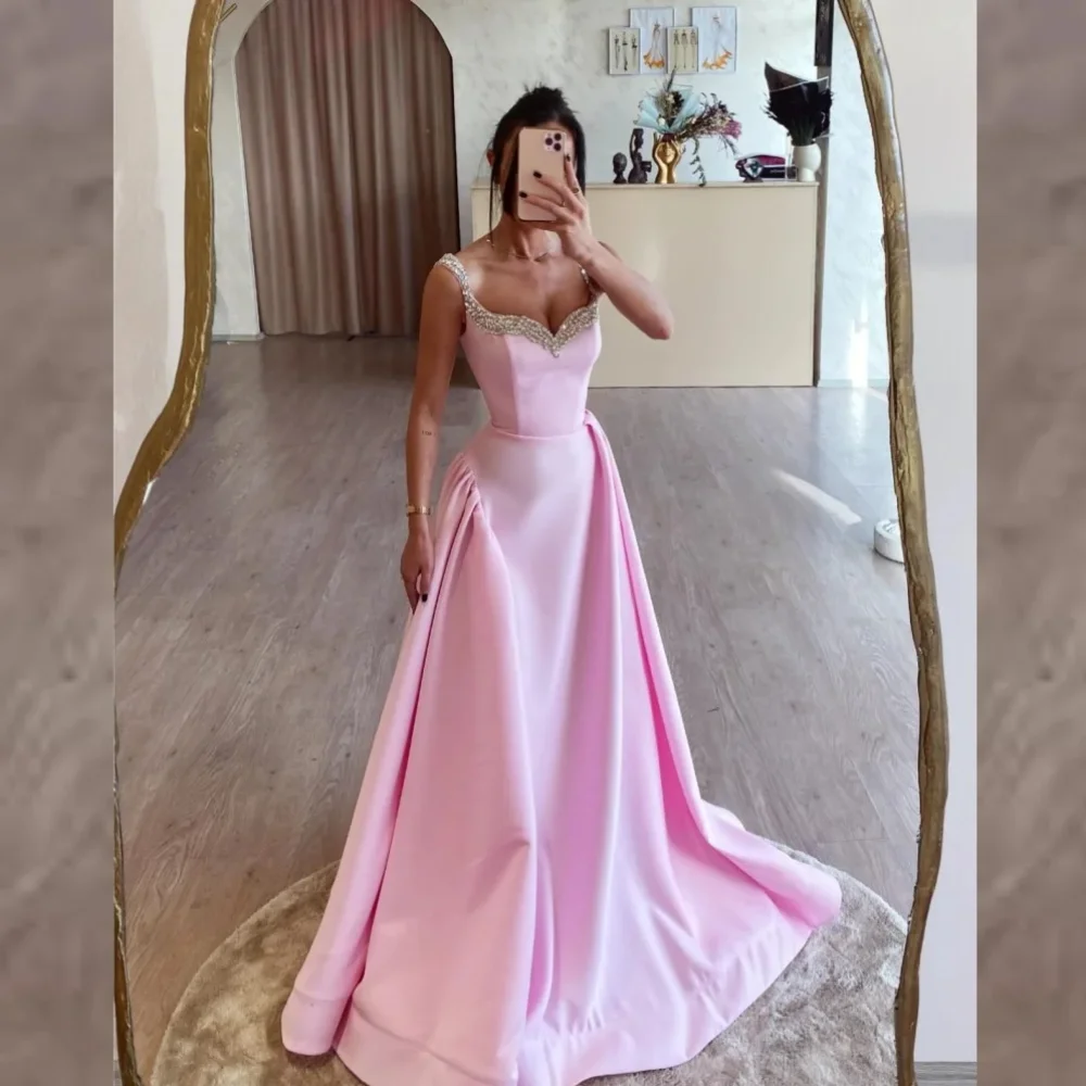 

Sexy Long Pink Square Collar Beaded Satin Evening Dresses Sleeveless A Line Sweep Train Robe De Soiree Femmes