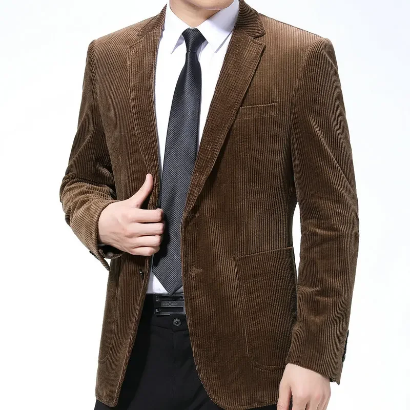 Elegant Men\'s Blazer Corduroy Suit Jacket for Spring and Autumn Navy Blue Camel and Dark Brown Daily Outfits 2023