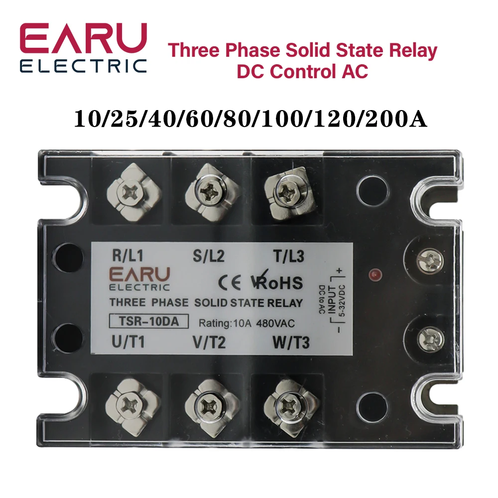 TSR  SSR-10DA SSR-40DA SSR 25A 60A 80A 100A Three Phase SSR Solid State Relay DC Control AC 480V 5-32V Input Aluminum Heatsink