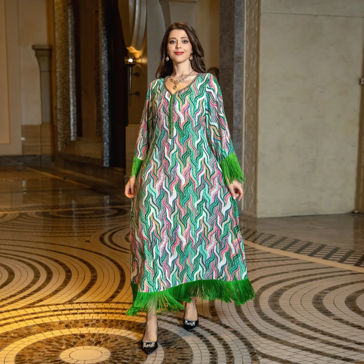 

Elegant Casual Muslim Dress Woman Long Sleeve Loose Long Dress Woman Temperament Printed Dresses Arabia Print Casual Jalabiya