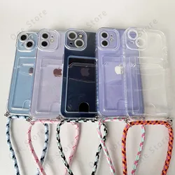 Simple Crossbody Lanyard Transparent Silicone Case For iPhone 11 12 13 Pro Max 13 12 Mini Cord Necklace Strap Card Slots Cover