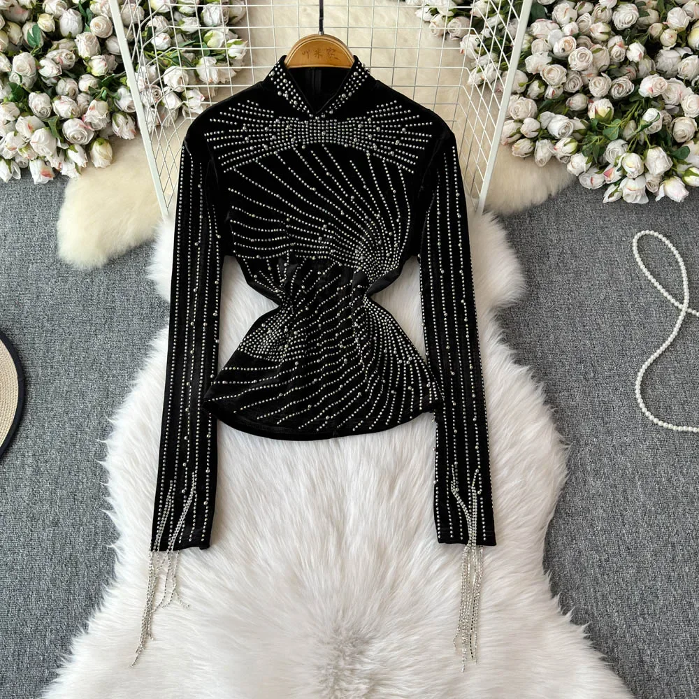 Basics Long Sleeves Vintage Turtleneck Chic Fashion Rhinestone Slim Velvet Top French Streetwear High Street Autumn Clothing