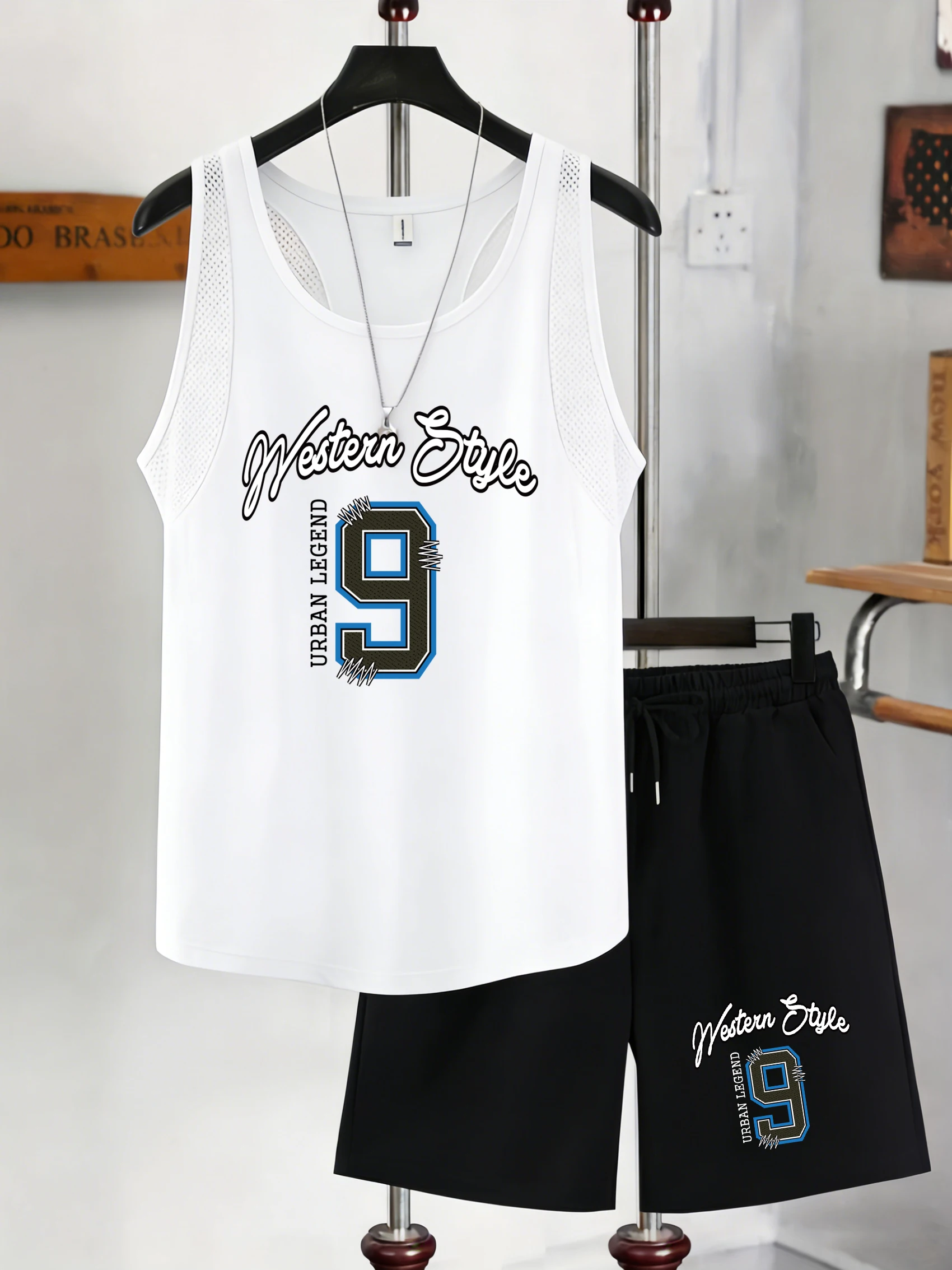 

New York Urban Legend Printed Men Reticular Vest Suit Sport Basics Singlets Fashion Drawstring Shorts Soft Unisex Sports Set