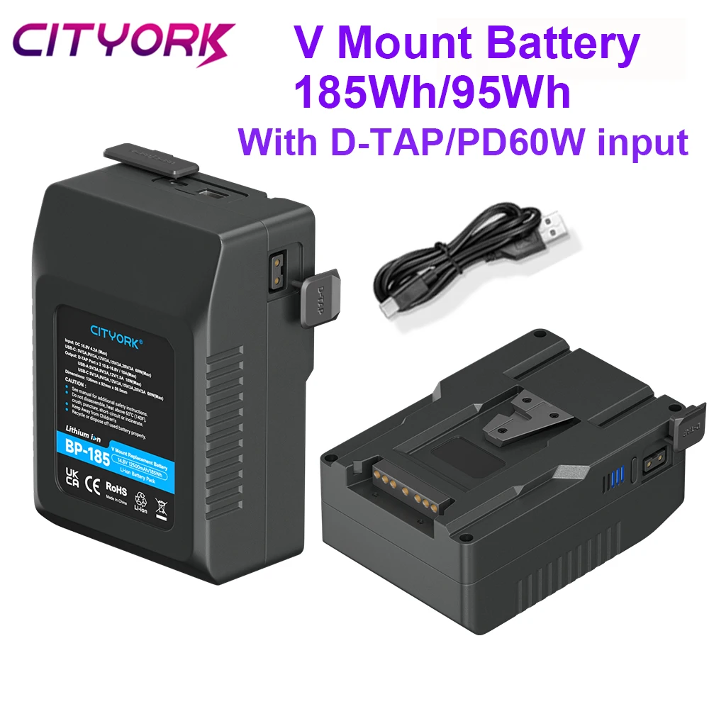 CITYORK V Mount Battery 185W BP-185 Lock Battery With Dual D-TAP and PD60W Fast Charge Input for SONY HDCAM XDCAM Digital Cinema