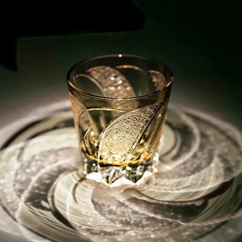 Purple Whiskey Glass 320ml, Hand Carved Design, Luxury Barware Gift Set for Men, Engraved Old Fashioned Tumbler