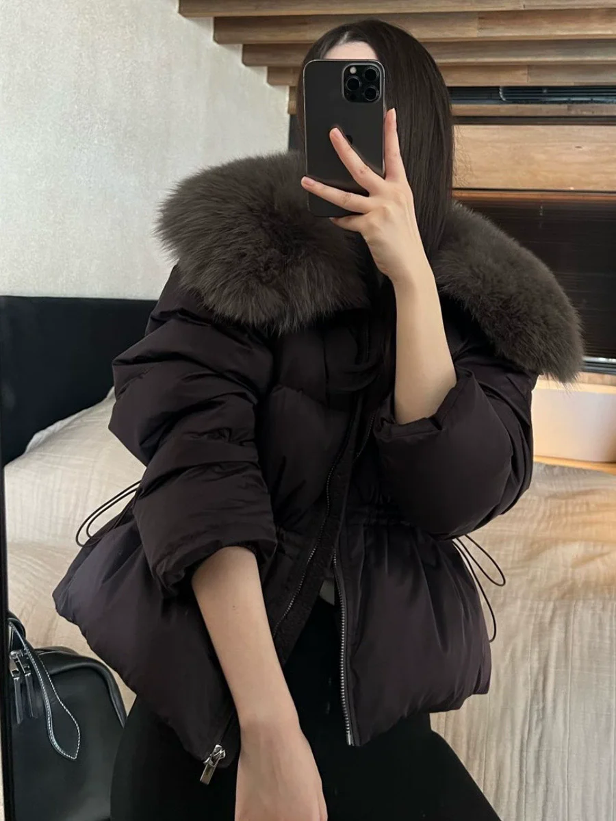 High-end Oversized Fox Fur Collar Waist Down Jacket For Women 2025 Winter Fashion Slimming Coat