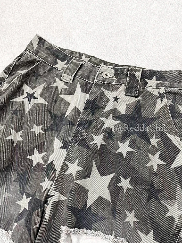 REDDACHiC Star Pattern Camouflage Jeans for Women Retro Y2k Low Rise Wide Leg Torn Ripped Denim Barrel Pants Harajuku Streetwear