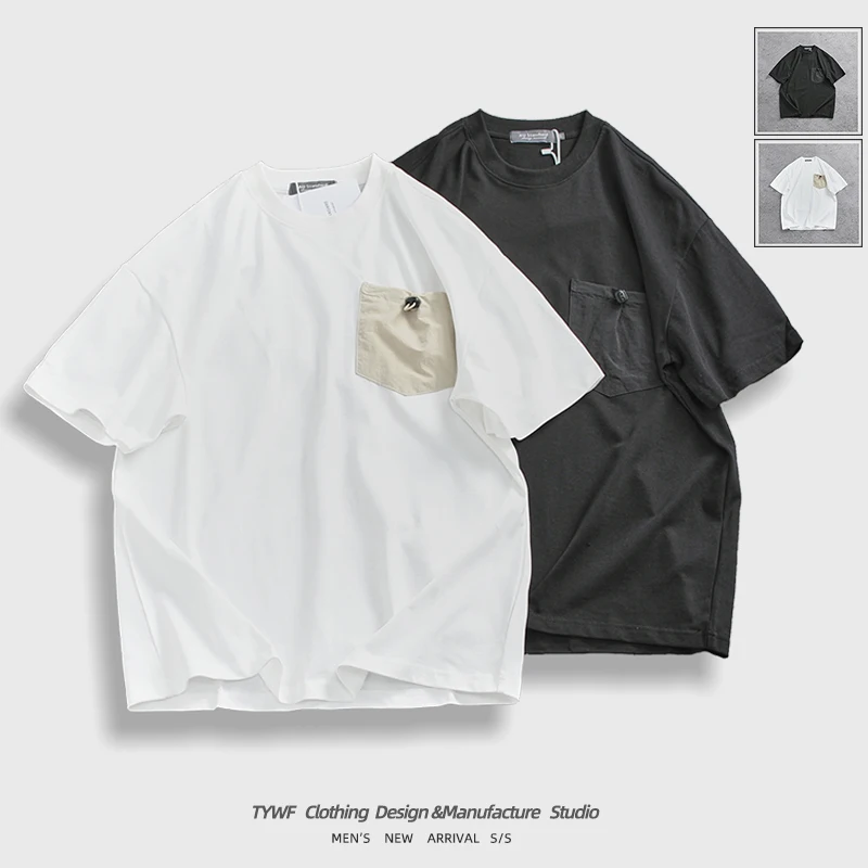 Loose ort Sve T-irt Men's ket Design Casual Cotton Top f Sve Trendy Brand Color Blo Waed Summer Tee