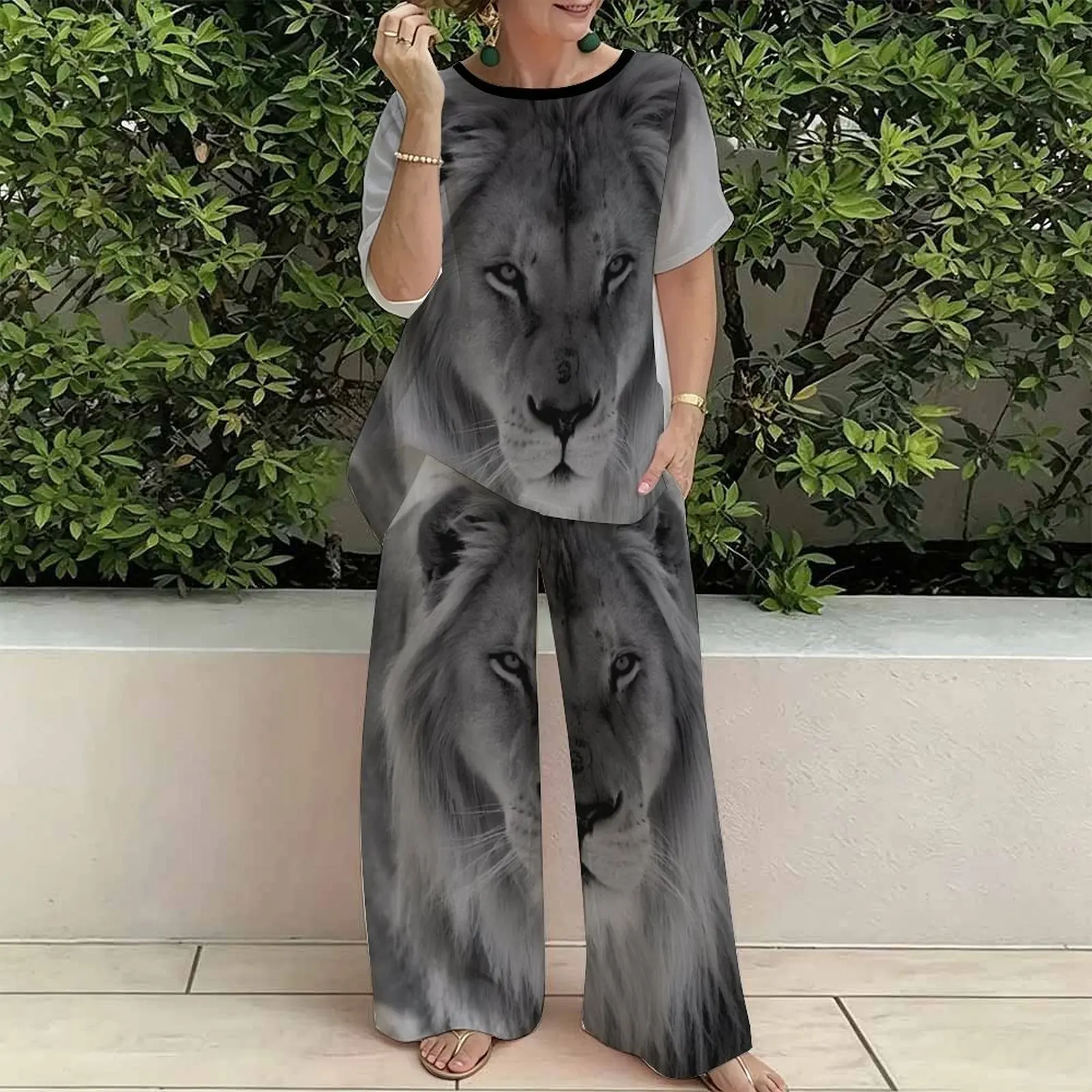 Plus Size Women Casual Print Two Piece Set Round Neck Everyday Commuting Clothes Beach Vacation Sweatpants