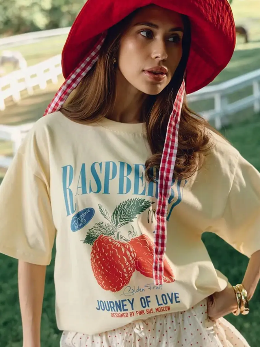 Vintage Lemon Salt Short Sleeve Women's T-shirt Yellow Fruit Print Street Style Oversize Cotton round Neck Casual Summer Top