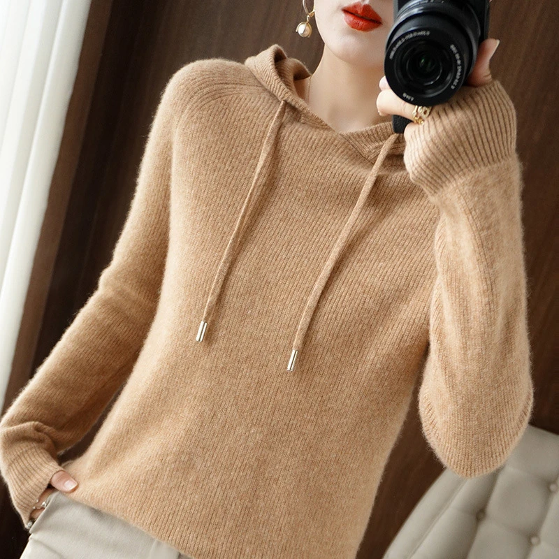 New Women's Drawstring Hooded Bottoming Shirt Autumn Winter Pullover Sweater Thick Warm Knit Hoodie Long Sleeve Solid Casual Top