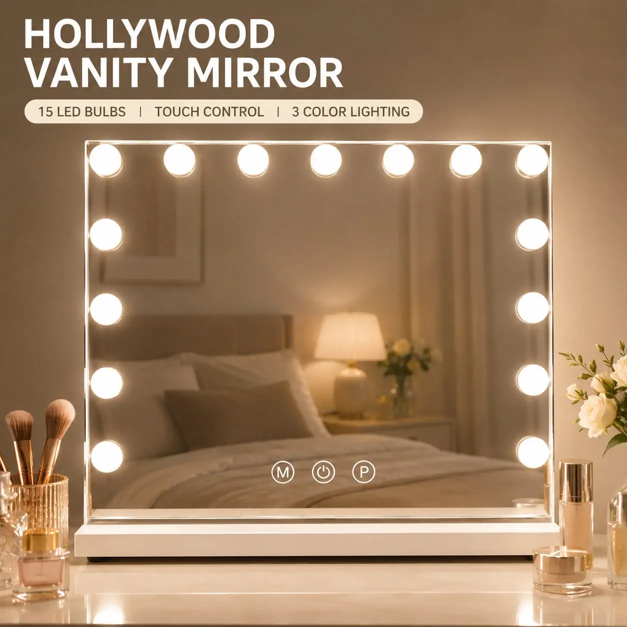 Vanity Mirror With Lights, 15 LED Bulbs Makeup Mirror, 3 Color Lighting Modes, 12X Magnifying Lens, Dimmable Touch Screen, Memory Function, USB Charging Port, Desktop & Wall Mounted Lighted Vanity Mirror