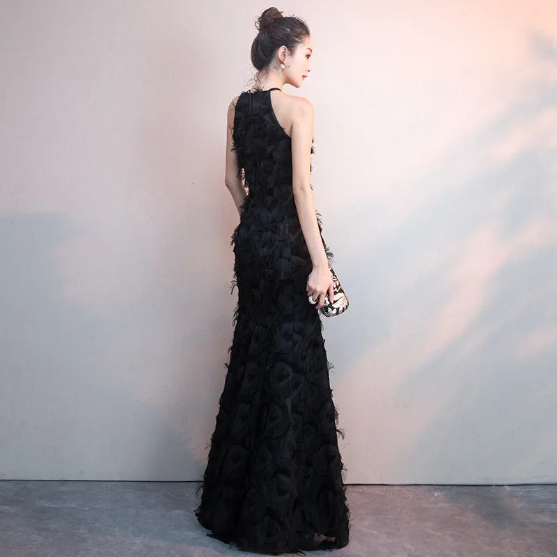 Black Feather Beach Wedding Party Dresses Halter Split Long Evening Dresses Sexy Slim Mermaid Female Prom Gown