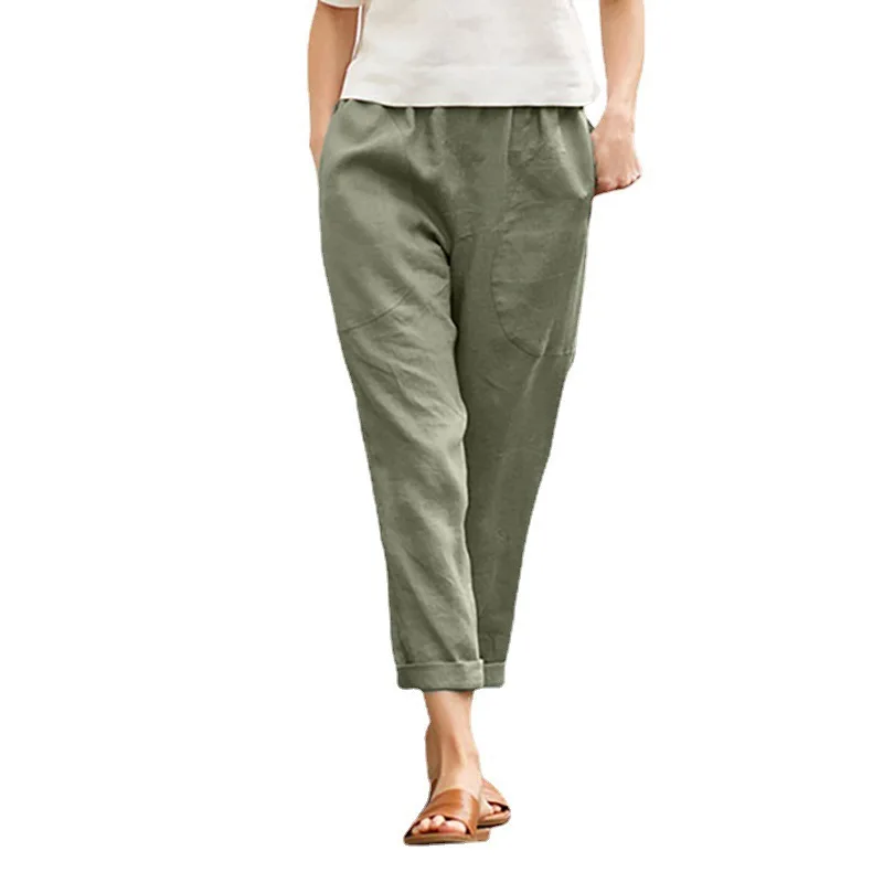 Damenhose aus Baumwolle und Leinen, einfarbig, atmungsaktiv, leicht, elastische Taille, modisch, schlichter Stil, lässige Hose mit geradem Bein – Detail 13