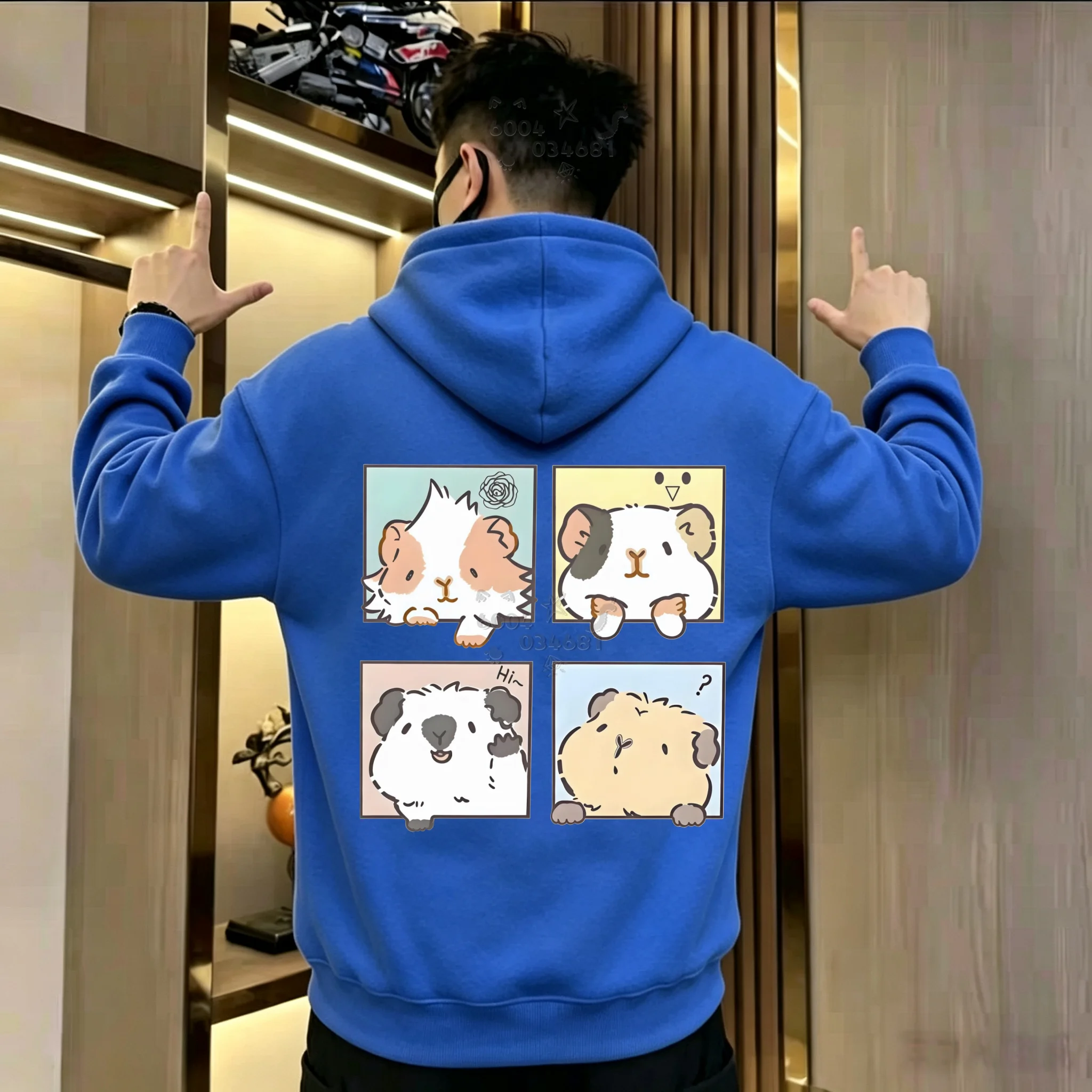 Latest model, retro style Men Cartoon Hoodie Cute Guinea Pig Grid Back Print Pullover Hooded Sweatshirt Spring Autumn Winter
