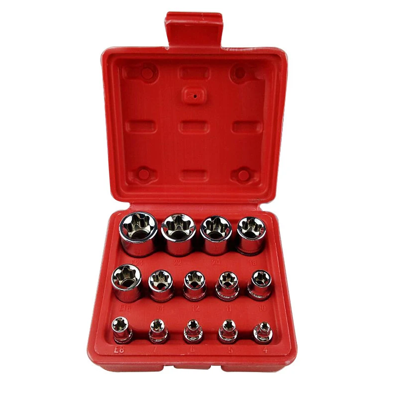 14pcs Gear Sleeve Torx Star Socket Set 6.3mm 10mm 12.5mm Drive Socket Wrench Head For Repair Tools Female E4-E24 Sockets