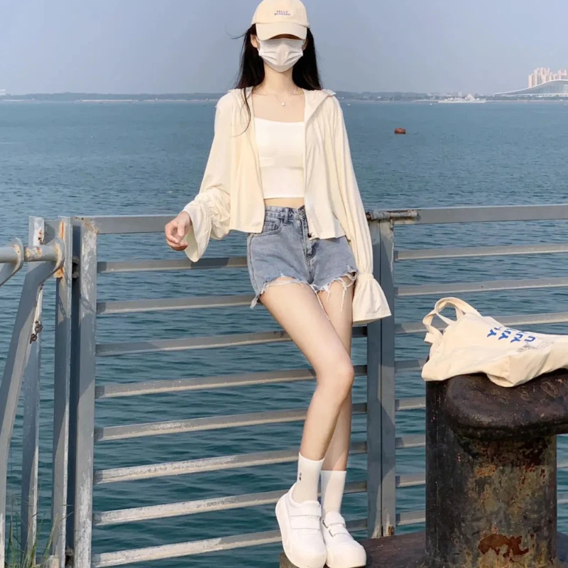 Hooded Jackets Women Summer Sun-proof Outwear Fashion Loose Korean Style Breathable Girls Tender Flare Sleeve Personal Clothing