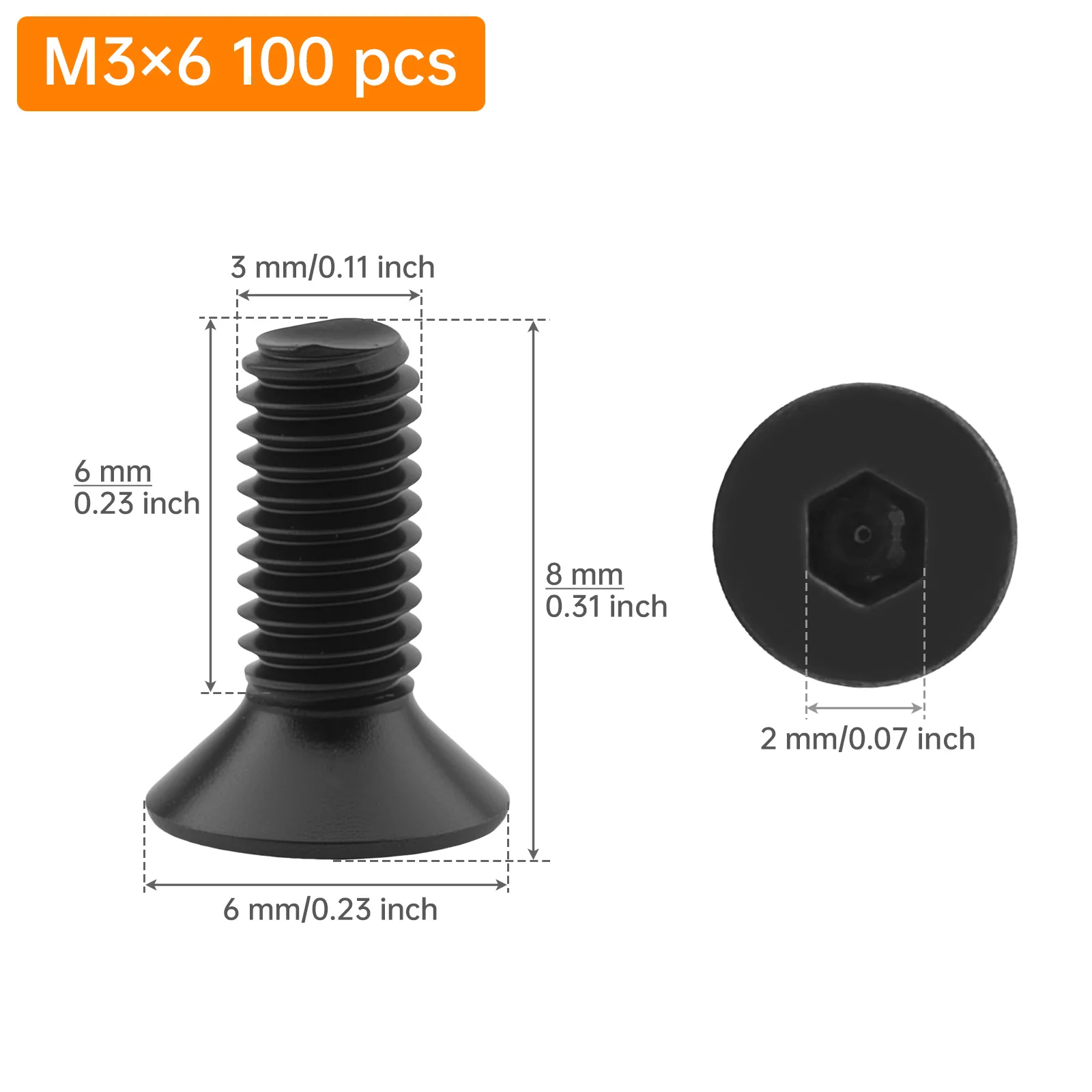 100 pcs 304 Finish Stainless Steel M3 x 8 mm Hex Socket Countersunk Screws with Allen Wrench, Flat Head Machine Screws