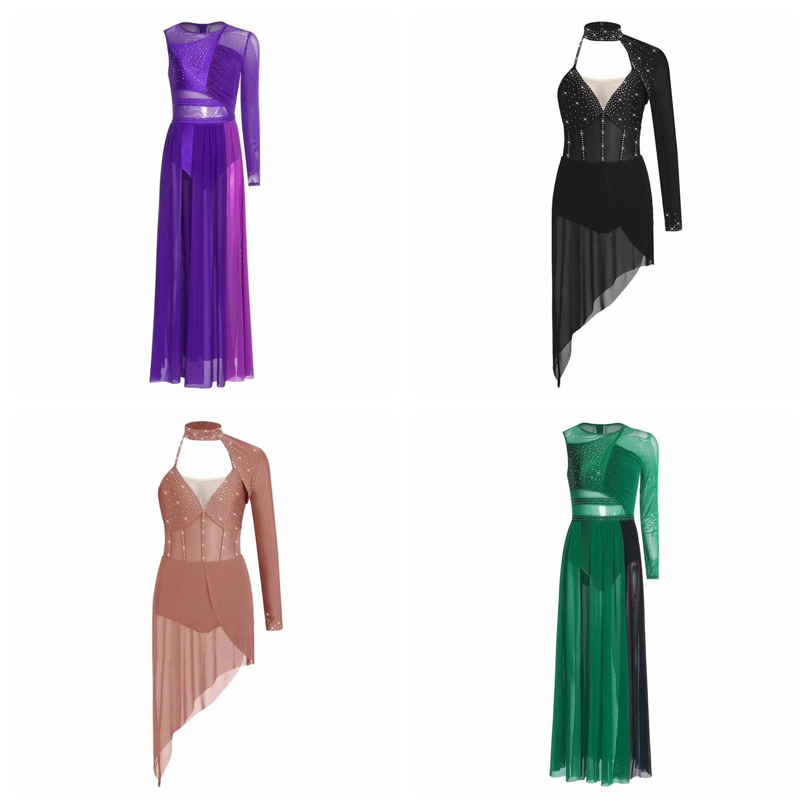 Robe de danse moderne pour femmes, tenue de performance de patinage artistique, costume de danse lyrique, robe justaucorps à ourlet irrégulier et strass