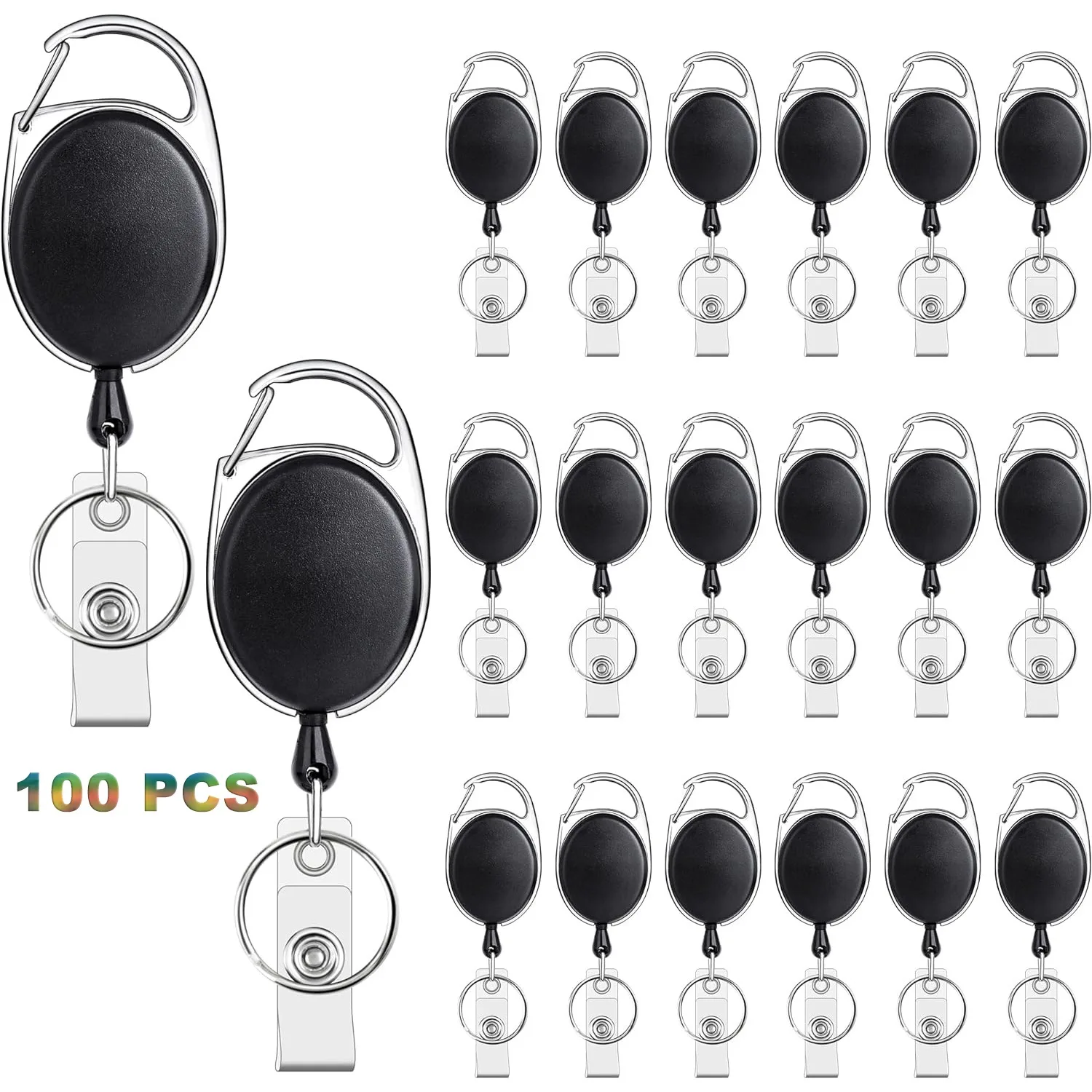 

100 Pack Badge Holders Retractable Badge Reel with Carabiner Belt Clip and Key Ring for ID Card Name Holder and Keychain