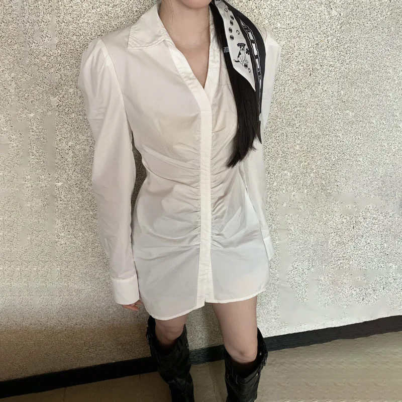 KWTX 여성 셔츠 드레스 벨트 허리 주름 라펠 우아하고 세련된 캐주얼 파티 봄 여름 2025 편안한 미니멀리스트 럭셔리