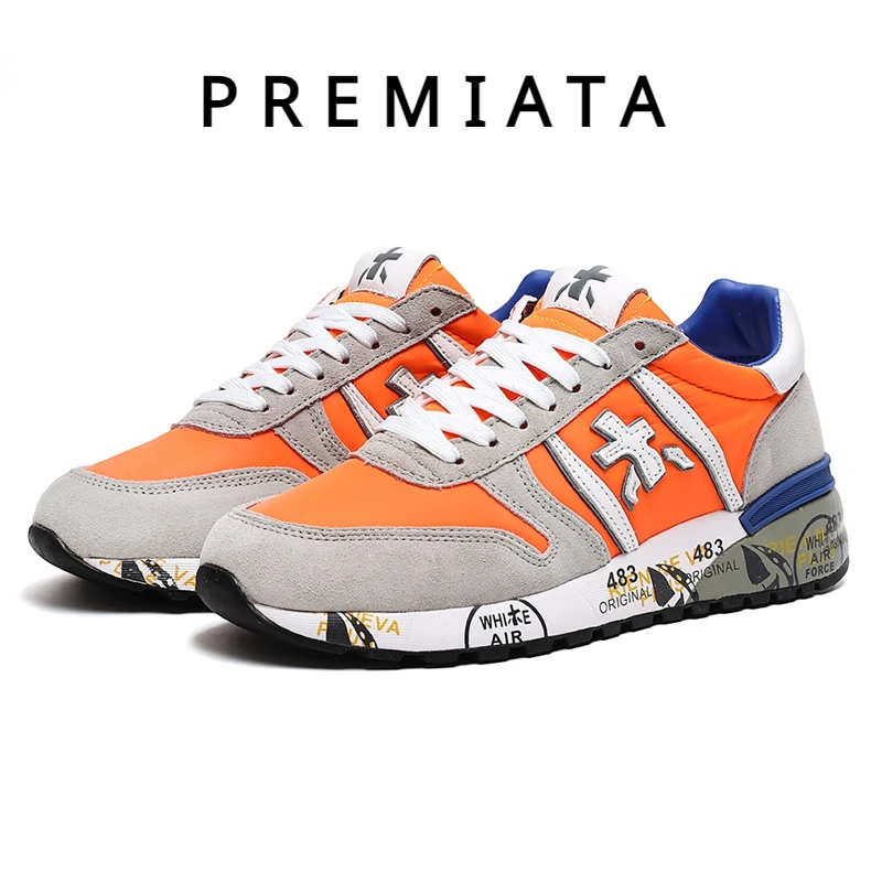 PREMIATA-Tênis casuais masculinos, tênis de corrida respiráveis, calçados esportivos, branco, laranja, cinza, moda de luxo, frete grátis